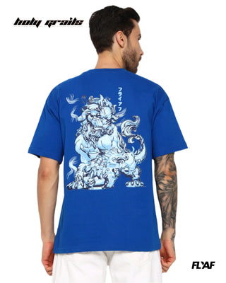 Guy in Street Style 'Imperial Roar' Blue 240 GSM 100% Cotton Puff Printed Oversize Tee HG x FLYAF - Back