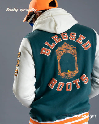 Guy in Street Style 'Indic' Green 350 GSM 100% Cotton Embroidery Screen & Puff Printed Varsity Jacket HG x One0eight - Back