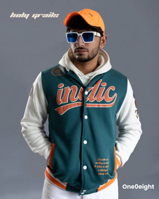 Guy in Street Style 'Indic' Green 350 GSM 100% Cotton Embroidery Screen & Puff Printed Varsity Jacket HG x One0eight - Front