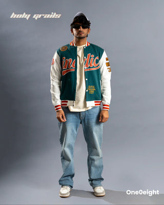 Guy in Street Style 'Indic' Green 350 GSM 100% Cotton Embroidery Screen & Puff Printed Varsity Jacket HG x One0eight - Front Full