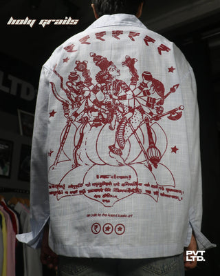 Guy in Street Style 'Kaavi Kale' Blue Linen Graphic Printed Full Sleeve Oversize Fit Shirt HG x Pvt Ltd - Back