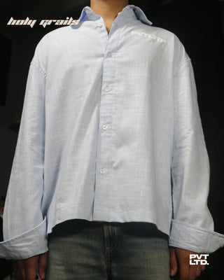 Guy in Street Style 'Kaavi Kale' Blue Linen Graphic Printed Full Sleeve Oversize Fit Shirt HG x Pvt Ltd - Front