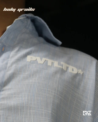 Guy in Street Style 'Kaavi Kale' Blue Linen Graphic Printed Full Sleeve Oversize Fit Shirt HG x Pvt Ltd - Front Branding Close Up