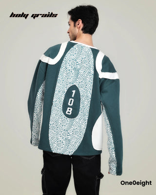 Guy in Street Style 'Kalakrit' Green 350 GSM 100% Cotton Fleece Block Print Embroidery Oversize Sweatshirt - Back Standing