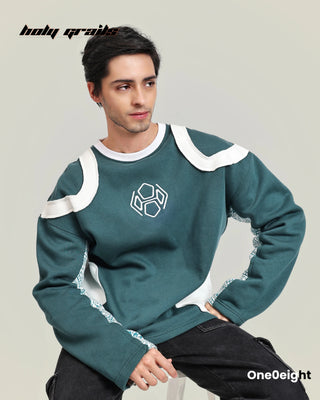 Guy in Street Style 'Kalakrit' Green 350 GSM 100% Cotton Fleece Block Print Embroidery Oversize Sweatshirt - Front Sitting