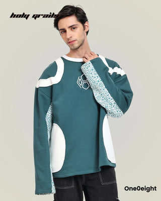 Guy in Street Style 'Kalakrit' Green 350 GSM 100% Cotton Fleece Block Print Embroidery Oversize Sweatshirt - Front Standing