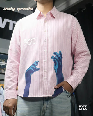 Guy in Street Style 'Keep Your Hands Off' Pink Striped Graphic Printed Shirt HG x Pvt Ltd - Front