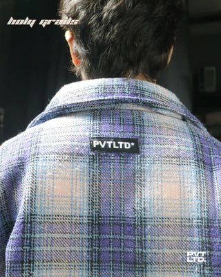 Guy in Street Style 'Kraven the Flannel' Lavender 250+ GSM Cotton Unisex Relaxed Fit Full Sleeve Shirt HG x Pvt Ltd - Back Brand Tag Close Up
