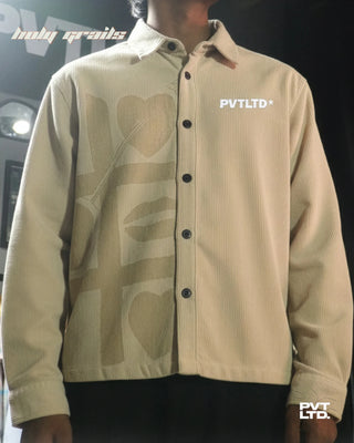 Guy in Street Style 'Love X & O' Beige Unisex Corduroy Printed Shirt HG x Pvt Ltd - Front