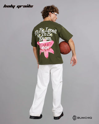 Guy in Street Style 'Luv Known' Olive Green 240 GSM 100% Terry Cotton Screen Printed Oversize Graphic Tee HG x Bumchiq - Back Full