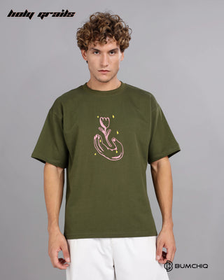 Guy in Street Style 'Luv Known' Olive Green 240 GSM 100% Terry Cotton Screen Printed Oversize Graphic Tee HG x Bumchiq - Front