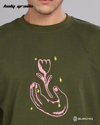 Guy in Street Style 'Luv Known' Olive Green 240 GSM 100% Terry Cotton Screen Printed Oversize Graphic Tee HG x Bumchiq - Front Close Up