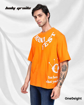 Guy in Street Style 'Manifest' Orange Graphic Printed Oversize Tee HG x One0eight - Side 2