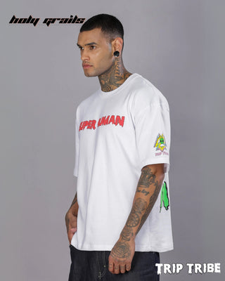 Guy in Street Style 'Molly' White 240 GSM 100% Cotton Oversize Graphic T-Shirt HG x Trip Tribe - Front Side Close