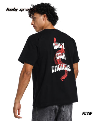 Guy in Street Style 'Money Over Emotions' Black 240 GSM 100% Cotton Puff Printed Oversize Tee HG x FLYAF - Back