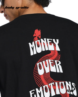 Guy in Street Style 'Money Over Emotions' Black 240 GSM 100% Cotton Puff Printed Oversize Tee HG x FLYAF - Back Close Up
