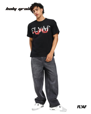 Guy in Street Style 'Money Over Emotions' Black 240 GSM 100% Cotton Puff Printed Oversize Tee HG x FLYAF - Front Full