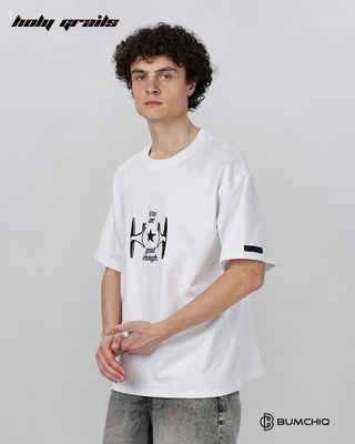 Guy in Street Style 'Muse Era' White 240 GSM 100% Terry Cotton Screen Printed Oversize Graphic Tee HG x Bumchiq - Side 1