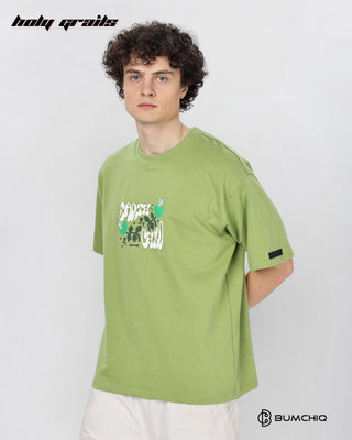 Guy in Street Style 'Nature Lost' Green 240 GSM 100% Terry Cotton Screen Printed Oversize Graphic Tee HG x Bumchiq - Side 1