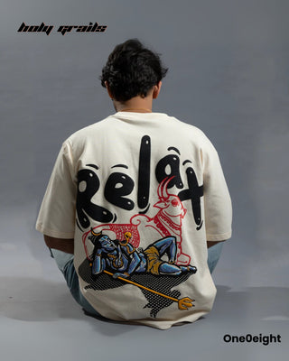 Guy in Street Style 'NidraShankar' Cream 240 GSM 100% Cotton Screen & Puff Printed Oversize Tee HG x One0eight - Back