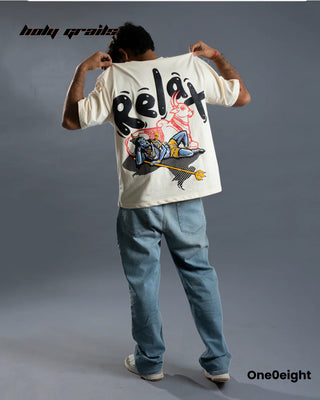 Guy in Street Style 'NidraShankar' Cream 240 GSM 100% Cotton Screen & Puff Printed Oversize Tee HG x One0eight - Back Full