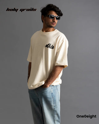 Guy in Street Style 'NidraShankar' Cream 240 GSM 100% Cotton Screen & Puff Printed Oversize Tee HG x One0eight - Front Side