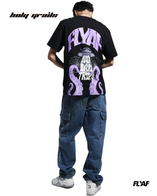 Guy in Street Style 'No Bad Trips' Black 240 GSM 100% Cotton Puff Printed Oversize Tee HG x FLYAF - Back Full
