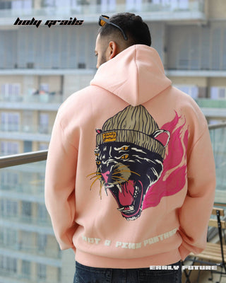 Guy Standing in Street Style 'Not a Pink Panther' Peach Haze Unisex 360 GSM 100% Cotton Fleece Puff and Screen Graphic Printed Oversize Fit Hoodie - Back (Model 2)