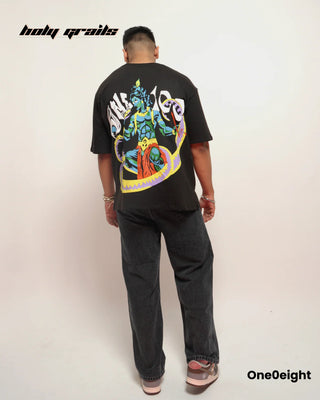 Guy in Street Style 'One > 100' Black 220 GSM Bio-wash Cotton Acid wash, Screen, Puff & Heavy Density Printed Oversize Tee HG x One0eight - Back Full