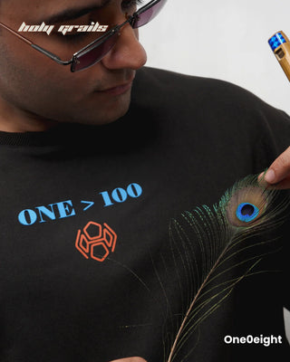 Guy in Street Style 'One > 100' Black 220 GSM Bio-wash Cotton Acid wash, Screen, Puff & Heavy Density Printed Oversize Tee HG x One0eight - Front Close Up