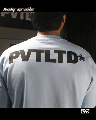 Guy in Street Style 'Parallax' Icy Blue 270 GSM Cotton Boxy Fit Printed Graphic Tee HG x Pvt Ltd - Back Close Up