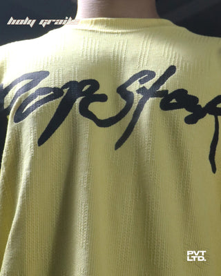 Guy in Street Style 'Popstar' Yellow Unisex 250 GSM Flat knit Graphic Oversize Sweatshirt HG x Pvt Ltd - Front Close Up