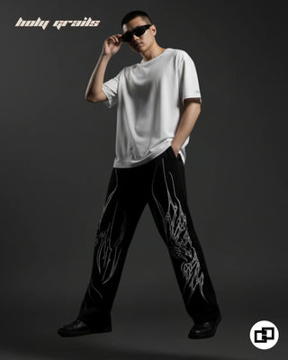 Guy in Street Style 'Redemption' Black French Terry Cotton Baggy Goth Pants HG x Grey Hound - Front Side 1