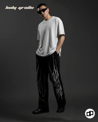 Guy in Street Style 'Redemption' Black French Terry Cotton Baggy Goth Pants HG x Grey Hound - Front Side 2