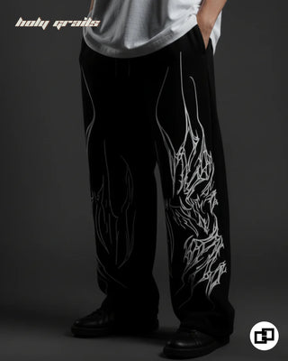 Guy in Street Style 'Redemption' Black French Terry Cotton Baggy Goth Pants HG x Grey Hound - Front Side Close