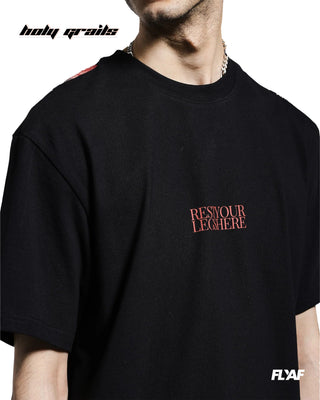 Guy in Street Style 'Rest Your Legs' Black 240 GSM 100% Cotton Puff Printed Oversize Tee HG x FLYAF - Front Side Close