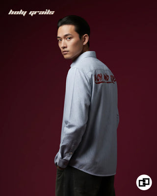 Guy in Street Style 'Rich and Rebel' White Stripes Banana Crepe Wrinkle Resistance Fabric Full Sleeve Shirt HG x Grey Hound - Back Side 1