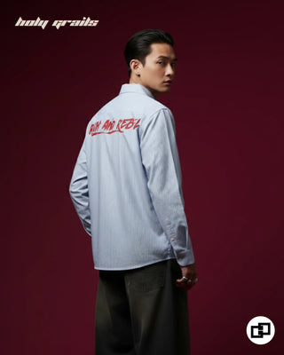 Guy in Street Style 'Rich and Rebel' White Stripes Banana Crepe Wrinkle Resistance Fabric Full Sleeve Shirt HG x Grey Hound - Back Side 2