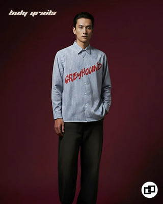 Guy in Street Style 'Rich and Rebel' White Stripes Banana Crepe Wrinkle Resistance Fabric Full Sleeve Shirt HG x Grey Hound - Front