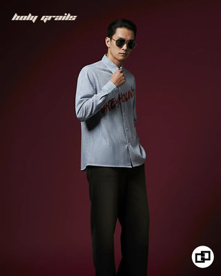 Guy in Street Style 'Rich and Rebel' White Stripes Banana Crepe Wrinkle Resistance Fabric Full Sleeve Shirt HG x Grey Hound - Front Side