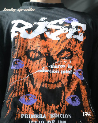 Guy in Street Style 'Rise' Black Unisex Knit Fabric Printed Oversize Sweatshirt HG x Pvt Ltd - Front Close Up