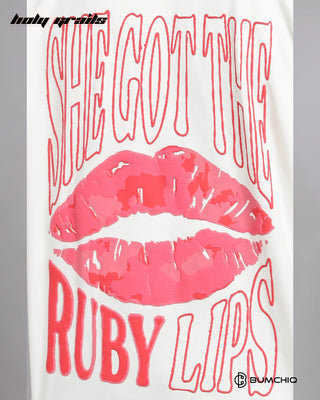 Guy in Street Style 'Ruby Lips' White 240 GSM 100% Terry Cotton Screen Printed Oversize Graphic Tee HG x Bumchiq - Back Print Close Up