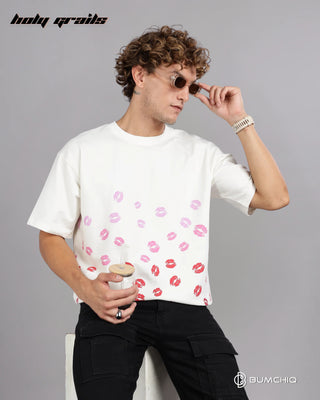 Guy in Street Style 'Ruby Lips' White 240 GSM 100% Terry Cotton Screen Printed Oversize Graphic Tee HG x Bumchiq - Front Sitting