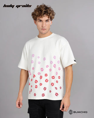 Guy in Street Style 'Ruby Lips' White 240 GSM 100% Terry Cotton Screen Printed Oversize Graphic Tee HG x Bumchiq - Side 2