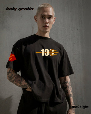 Guy in Street Style 'Rudrani' Black Cotton Graphic Printed Oversize Tee HG x One0eight - Front