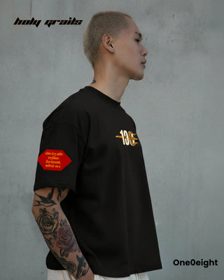 Guy in Street Style 'Rudrani' Black Cotton Graphic Printed Oversize Tee HG x One0eight - Side