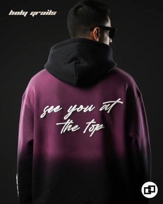 Guy in Street Style 'See You At Top' Pink To Black Ombre 400 GSM 100% Cotton Screen & Puff Printed Hand Spray Painted Oversize Hoodie  HG x Grey Hound Original - Back