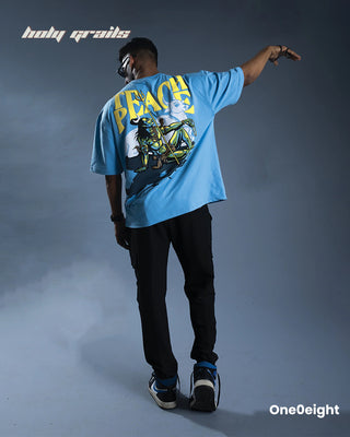 Guy in Street Style 'Shantamurti Shiva' Blue 240 GSM 100% Cotton Screen & Puff Printed Oversize Tee HG x One0eight - Back