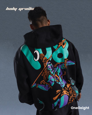 Guy in Street Style 'Shivraudr' Black 360 GSM 100% Cotton Biowash Screen & Puff Print Oversize Hoodie HG x One0eight - Back