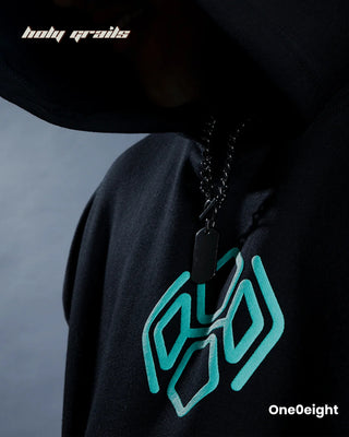 Guy in Street Style 'Shivraudr' Black 360 GSM 100% Cotton Biowash Screen & Puff Print Oversize Hoodie HG x One0eight - Front Side Close Up